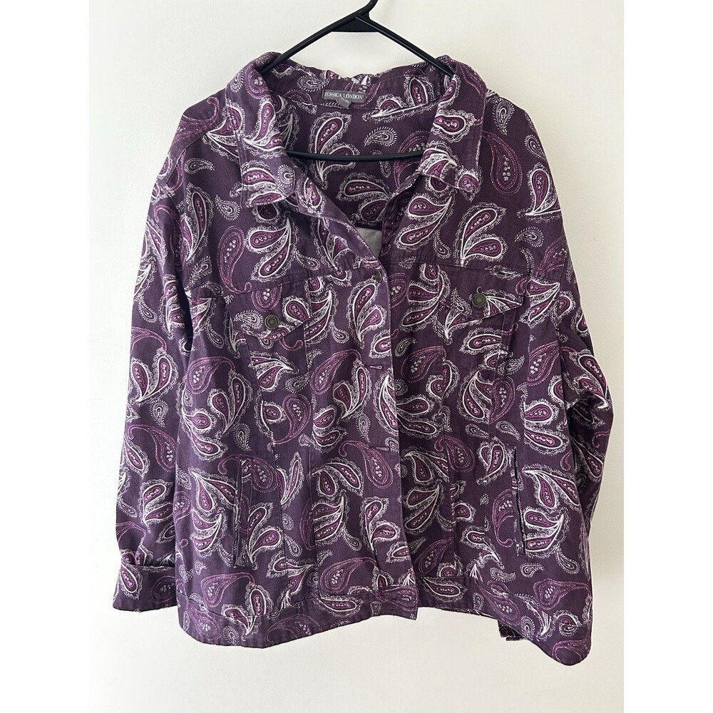 Jessica London Womens 30W Paisley Purple 100% Cotton Button-Up Denim Barn Jacket